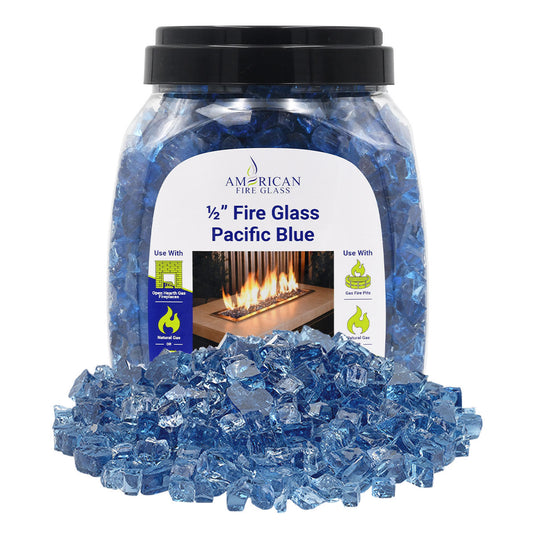 American Fire Products 10 lbs jar of 1/2 inch Pacific Blue Fire Glass made from durable tempered decorative glass for fireplaces and fire pits
