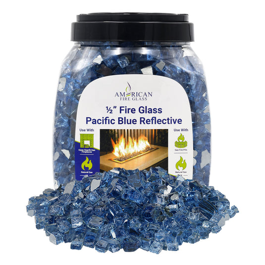 American Fire Products 1/2 inch Pacific Blue reflective fire glass 10 pound jar packaging for fireplaces and fire pits