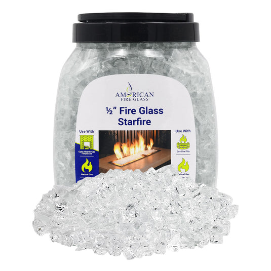 American Fire Products 10 lbs jar of 1/2 inch StarFire Fire Glass made from durable tempered decorative glass for fireplaces and fire pits