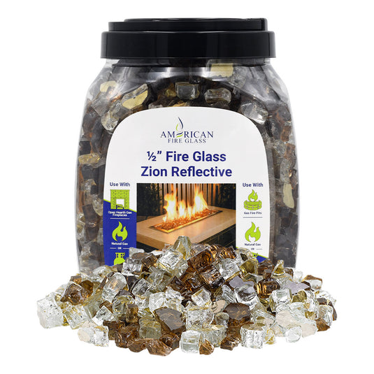 American Fire Products 10 lbs jar of 1/2 inch Zion Reflective Fire Glass made from durable tempered decorative glass for fireplaces and fire pits