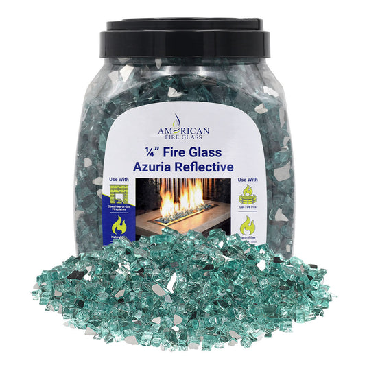 American Fire Products 1/4 inch Azuria reflective fire glass 10 pound jar packaging for fireplaces and fire pits