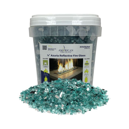 American Fire Products 1/4 inch Azuria Reflective Fire Glass 25 lb bucket with Caribbean blue mirror reflective finish