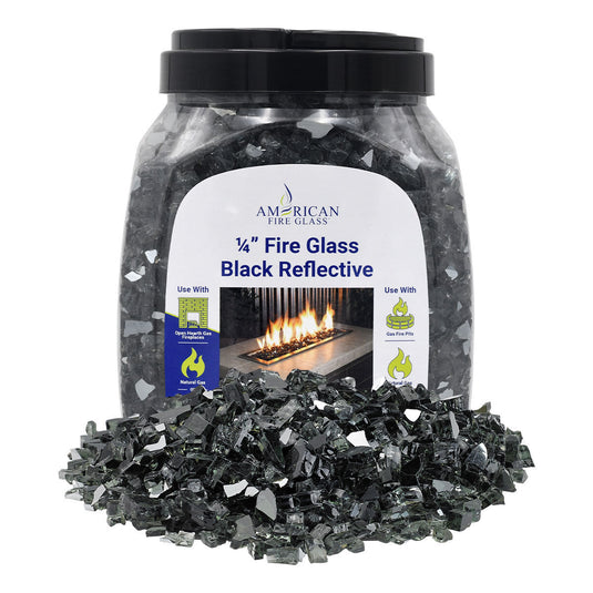 American Fire Products 1/4 inch Black reflective fire glass 10 pound jar packaging for fireplaces and fire pits