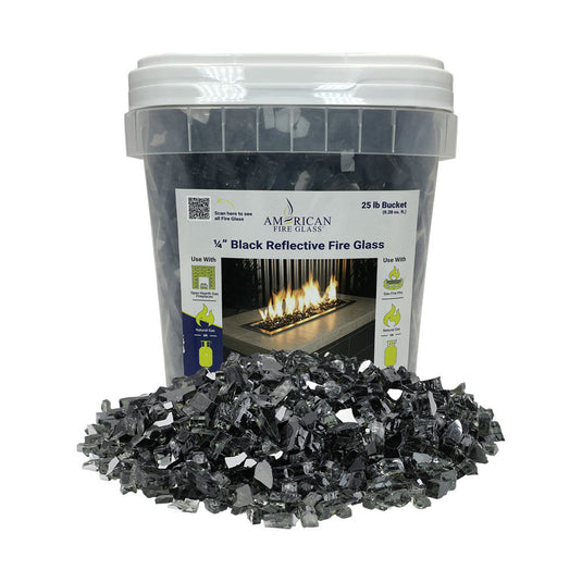 American Fire Products 1/4 inch Black Reflective Fire Glass 25 lb bucket with deep black color and mirror reflective finish