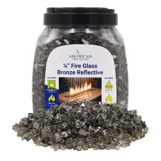 American Fire Products 1/4 inch Bronze reflective fire glass 10 pound jar packaging for fireplaces and fire pits