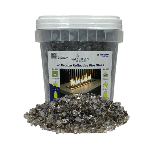 American Fire Products 1/4 inch Bronze Reflective Fire Glass 25 lb bucket with bronze coffee-brown color and mirror reflective finish