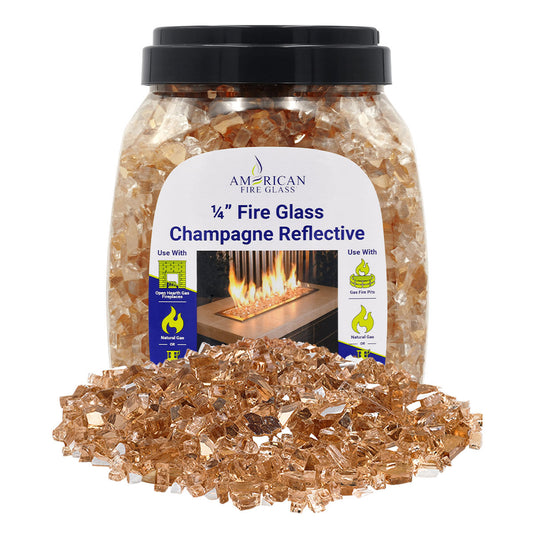 American Fire Products 1/4 inch Champagne reflective fire glass 10 pound jar packaging for fireplaces and fire pits