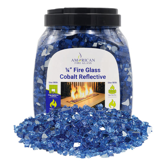 American Fire Products 1/4 inch Cobalt reflective fire glass 10 pound jar packaging for fireplaces and fire pits