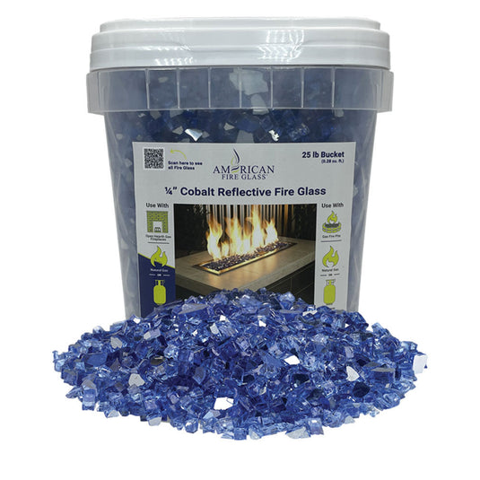 American Fire Products 1/4 inch Cobalt Reflective Fire Glass 25 lb bucket with deep cobalt blue color and mirror reflective finish