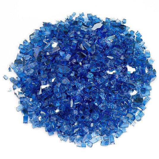 American Fire Products 1/4 inch Cobalt reflective fire glass with deep sapphire blue mirror finish for outdoor fire pits and fireplaces