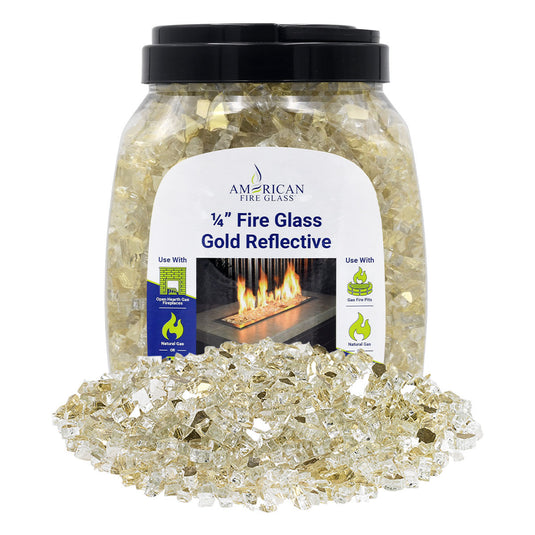 American Fire Products 1/4 inch Gold reflective fire glass 10 pound jar packaging for fireplaces and fire pits