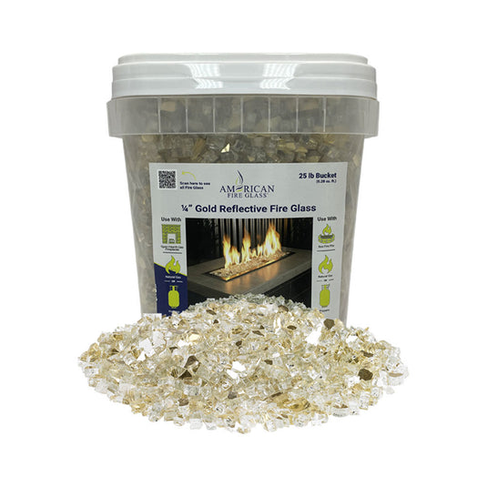 American Fire Products 1/4 inch Gold Reflective Fire Glass 25 lb bucket with radiant gold color and mirror reflective finish