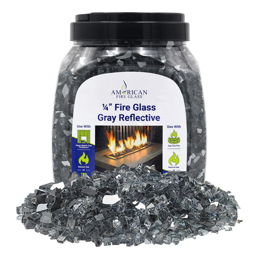 American Fire Products 1/4 inch Gray reflective fire glass 10 pound jar packaging for fireplaces and fire pits
