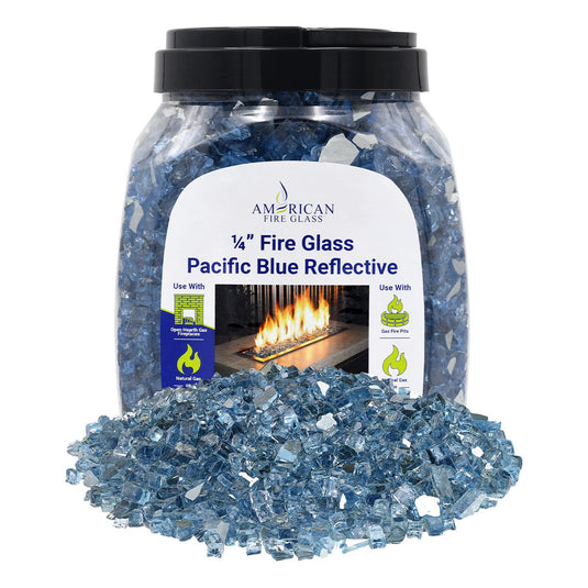 American Fire Products 1/4 inch Pacific Blue reflective fire glass 10 pound jar packaging for fireplaces and fire pits