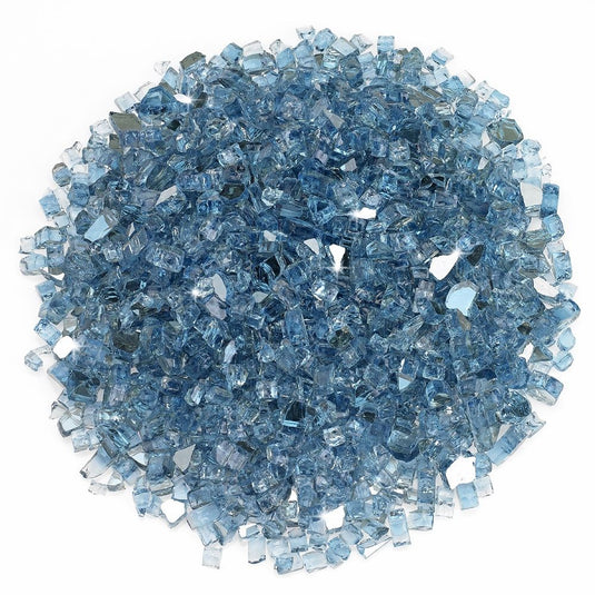 American Fire Products 1/4 inch Pacific Blue reflective fire glass with sapphire blue mirror finish for outdoor fire pits and fireplaces