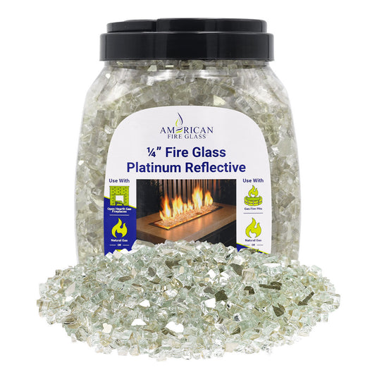 American Fire Products 1/4 inch Platinum reflective fire glass 10 pound jar packaging for fireplaces and fire pits
