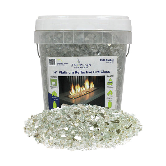 American Fire Products 1/4 inch Platinum Reflective Fire Glass 25 lb bucket with platinum silver color and mirror reflective finish