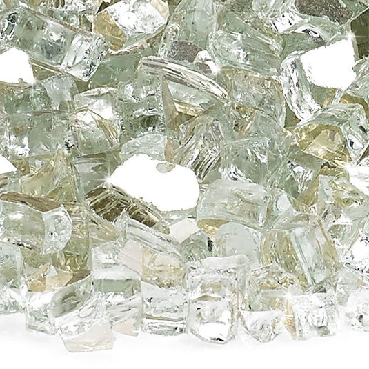 American Fire Products 1/4 inch Platinum reflective fire glass pieces with bright silver reflective finish for gas fire features