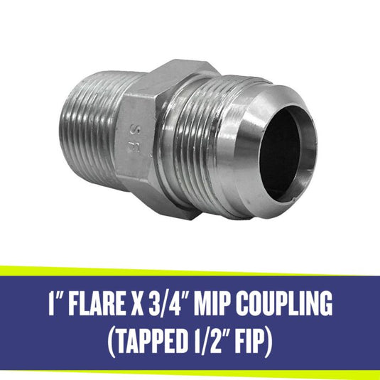 American Fire Products 1 inch flare x 3/4 inch MIP coupling tapped 1/2 inch FIP for gas line connections in fire pit and fireplace systems