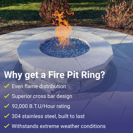 American Fire Products 12 inch double-ring fire pit burner featuring 304 stainless steel construction, even flame distribution, drilled burner holes, and 92000 BTU maximum heat output