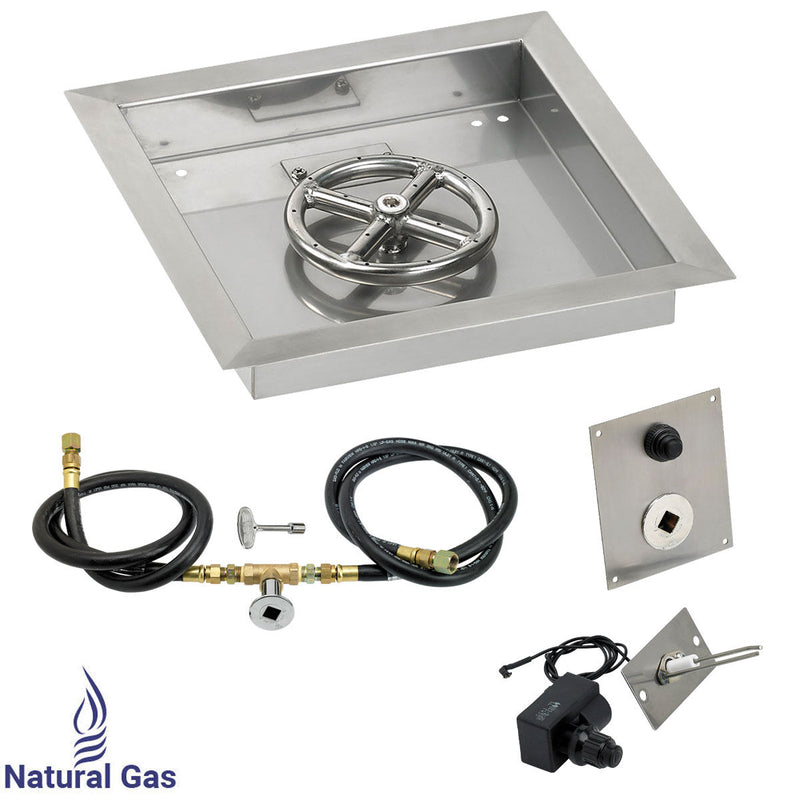 Load image into Gallery viewer, American Fire Products 12 inch square stainless steel drop-in fire pit pan with 6 inch fire pit ring burner and natural gas spark ignition kit
