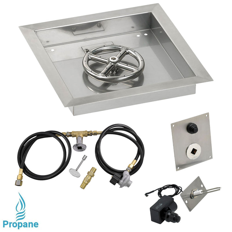 Load image into Gallery viewer, American Fire Products 12 inch square stainless steel drop-in fire pit pan with 6 inch fire pit ring burner and propane spark ignition kit
