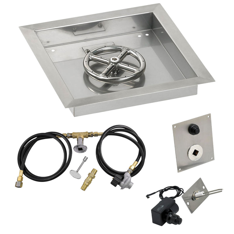 Load image into Gallery viewer, American Fire Products 12 inch square stainless steel drop-in fire pit pan with 6 inch fire pit ring burner and propane spark ignition kit
