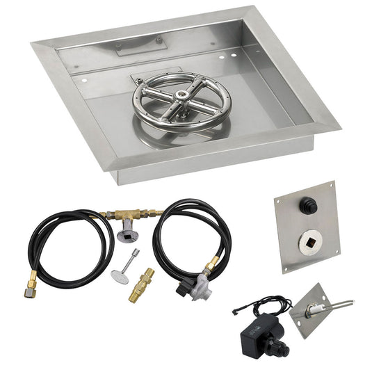 American Fire Products 12 inch square stainless steel drop-in fire pit pan with 6 inch fire pit ring burner and propane spark ignition kit