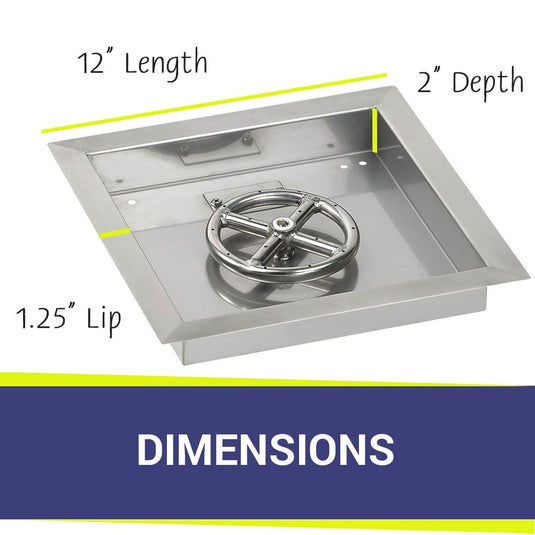 Dimensions of American Fire Products 12 Inch Square Stainless Steel Drop-In Pan with 6 Inch Stainless Steel Ring Burner