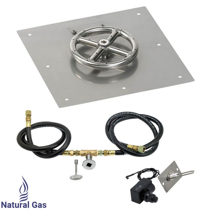 Load image into Gallery viewer, American Fire Products 12 inch square stainless steel flat fire pit pan with 6 inch fire pit ring burner and natural gas spark ignition kit
