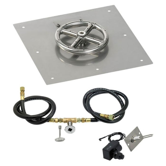 American Fire Products 12 inch square stainless steel flat fire pit pan with 6 inch fire pit ring burner and natural gas spark ignition kit