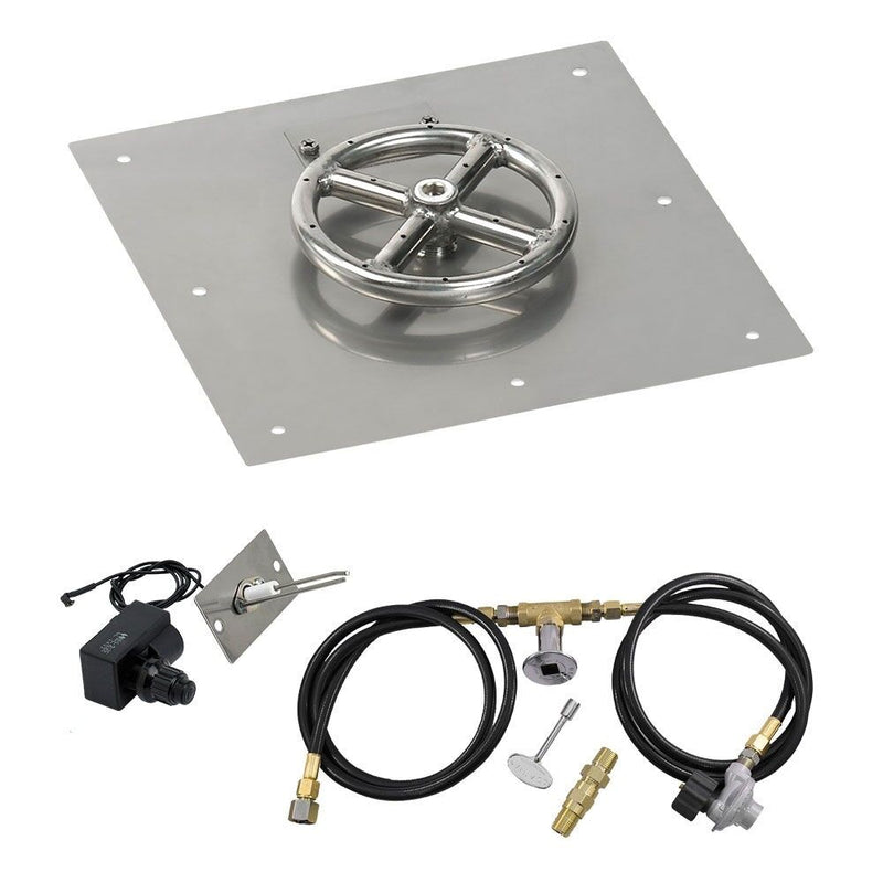 Load image into Gallery viewer, American Fire Products 12 inch square stainless steel flat fire pit pan with 6 inch fire pit ring burner and propane spark ignition kit
