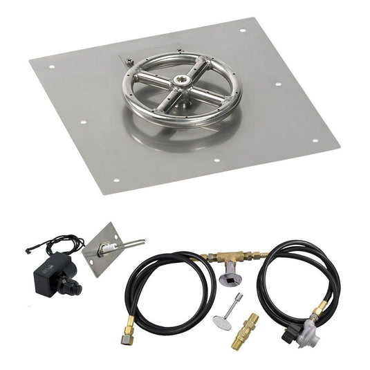 American Fire Products 12 inch square stainless steel flat fire pit pan with 6 inch fire pit ring burner and propane spark ignition kit