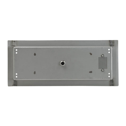 Bottom view of American Fire Products 18 inch by 6 inch stainless steel rectangular drop-in fire pit pan showing built-in 1/2 inch gas inlet