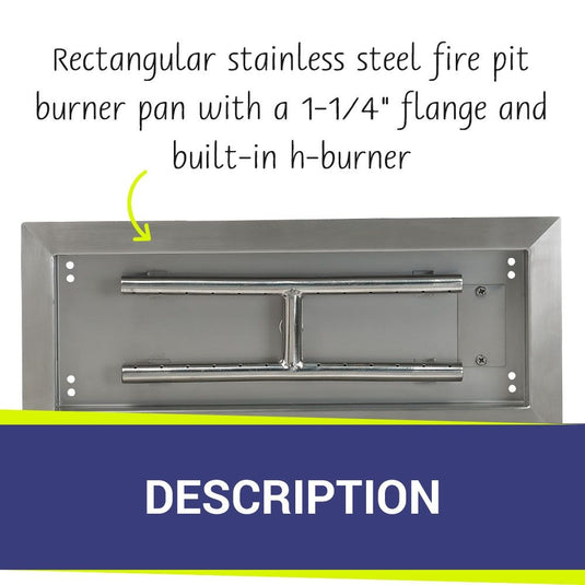 American Fire Products 18 inch by 6 inch stainless steel rectangular fire pit pan with a 1-1/4 inch flange and built-in H-burner