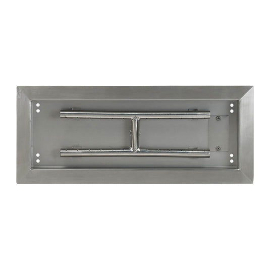 Top view of American Fire Products 18 inch by 6 inch stainless steel rectangular drop-in fire pit pan with built-in H-burner