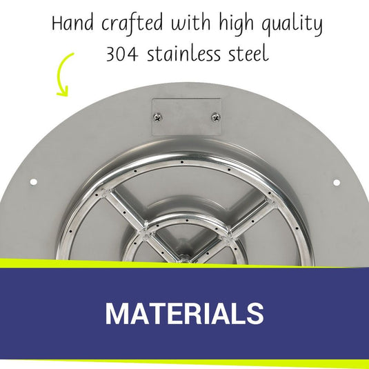 American Fire Products 18 inch round stainless steel flat pan with 12 inch fire ring highlighting handcrafted 304 stainless steel construction for long-lasting durability and performance.