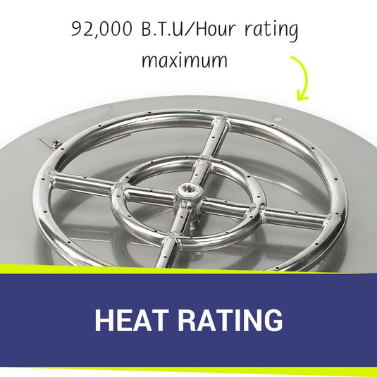 American Fire Products 18 inch round stainless steel flat pan with 12 inch fire ring highlighting the 92,000 BTU maximum heat rating for powerful and even flame performance.