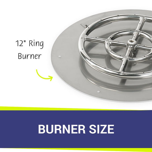 American Fire Products 18 inch round stainless steel flat fire pit pan highlighting the included 12 inch fire ring burner size.