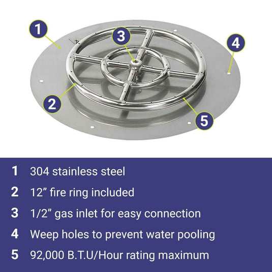 American Fire Products 18 inch stainless steel round flat fire pit pan with 18 inch fire ring featuring 304 stainless steel construction, included 12 inch fire ring burner, 1/2 inch gas inlet for easy connection, built-in weep holes, and 92000 BTU maximum heat output.