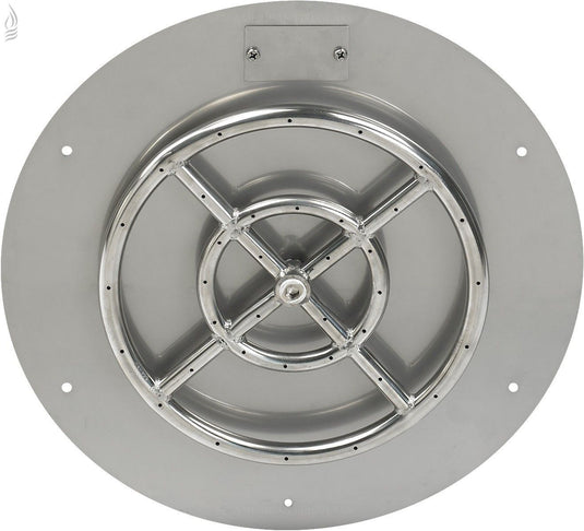 Top view of the American Fire Products 18 inch round stainless steel flat pan with included 12 inch fire ring burner.