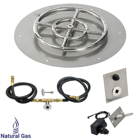 American Fire Products 18 inch round flat stainless steel fire pit pan with 12 inch ring burner and natural gas spark ignition kit