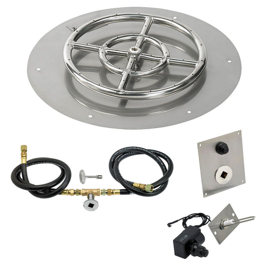 American Fire Products 18 inch round flat stainless steel fire pit pan with 12 inch ring burner and natural gas spark ignition kit
