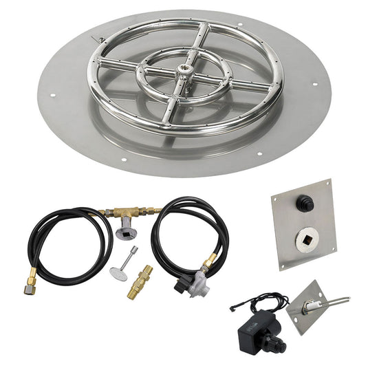 American Fire Products 18 inch round flat stainless steel fire pit pan with 12 inch ring burner and propane spark ignition kit