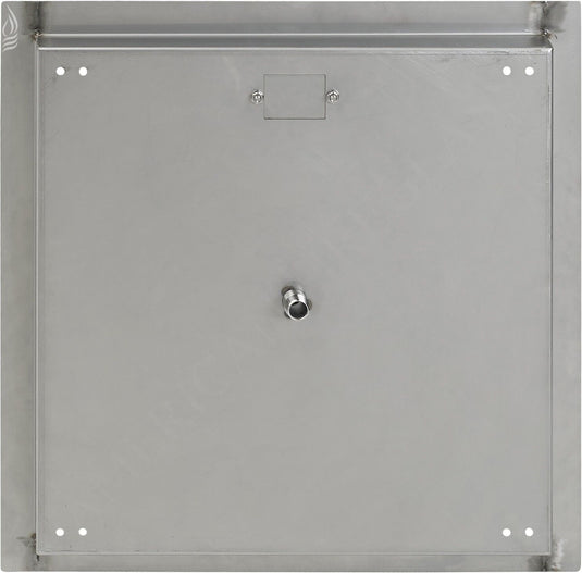 Bottom view of the American Fire Products 18 inch stainless steel square drop-in fire pit pan showing built-in 1/2 inch bottom gas inlet