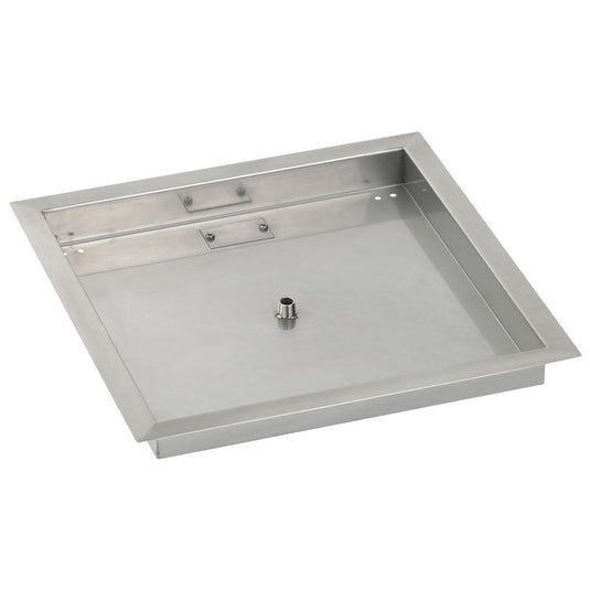 Top view of the American Fire Products 18 inch stainless steel square drop-in fire pit pan showing handcrafted 304 stainless steel construction without included ring burner