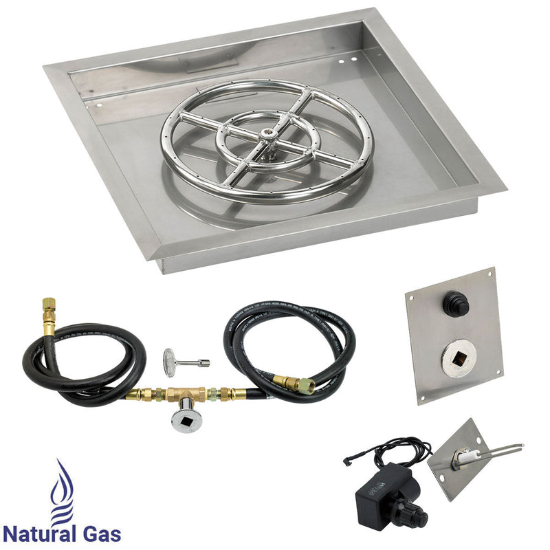 Load image into Gallery viewer, American Fire Products 18 inch square stainless steel drop-in fire pit pan with 12 inch fire pit ring burner and natural gas spark ignition kit
