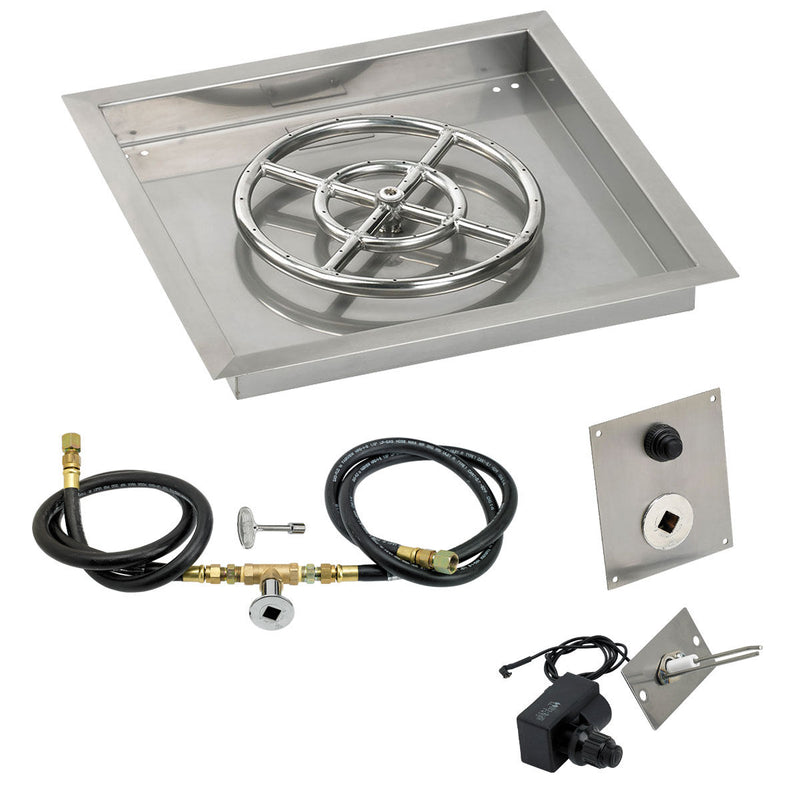 Load image into Gallery viewer, American Fire Products 18 inch square stainless steel drop-in fire pit pan with 12 inch fire pit ring burner and natural gas spark ignition kit

