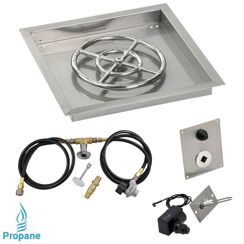 Load image into Gallery viewer, American Fire Products 18 inch square stainless steel drop-in fire pit pan with 12 inch fire pit ring burner and propane spark ignition kit
