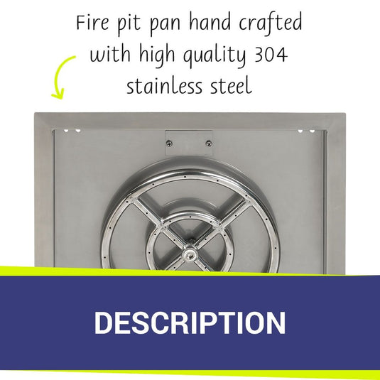 American Fire Products 18 inch stainless steel square drop-in fire pit pan with 12 inch fire ring, handcrafted from high quality 304 stainless steel